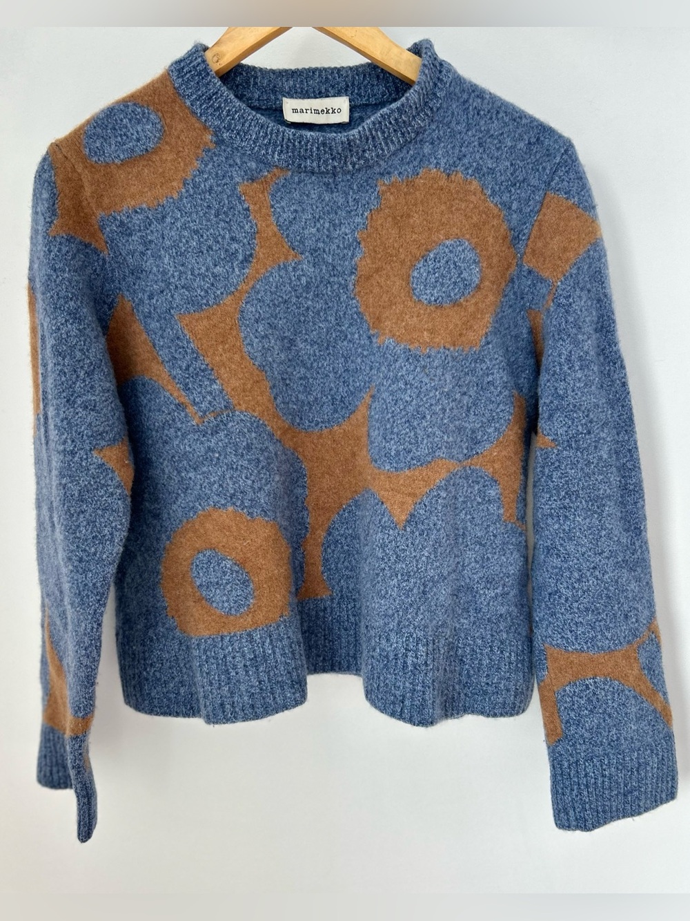 Marimekko Aatto Unikko Knitted Wool Pullover Sweater Blue Brown Mod 22x21
